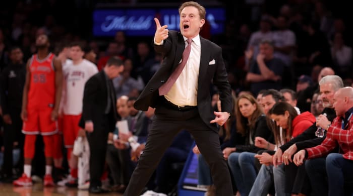 St. John's Red Storm head coach Rick Pitino coaches against the Connecticut Huskies during the second half at Madison Square Garden in New York City on March 15, 2024.